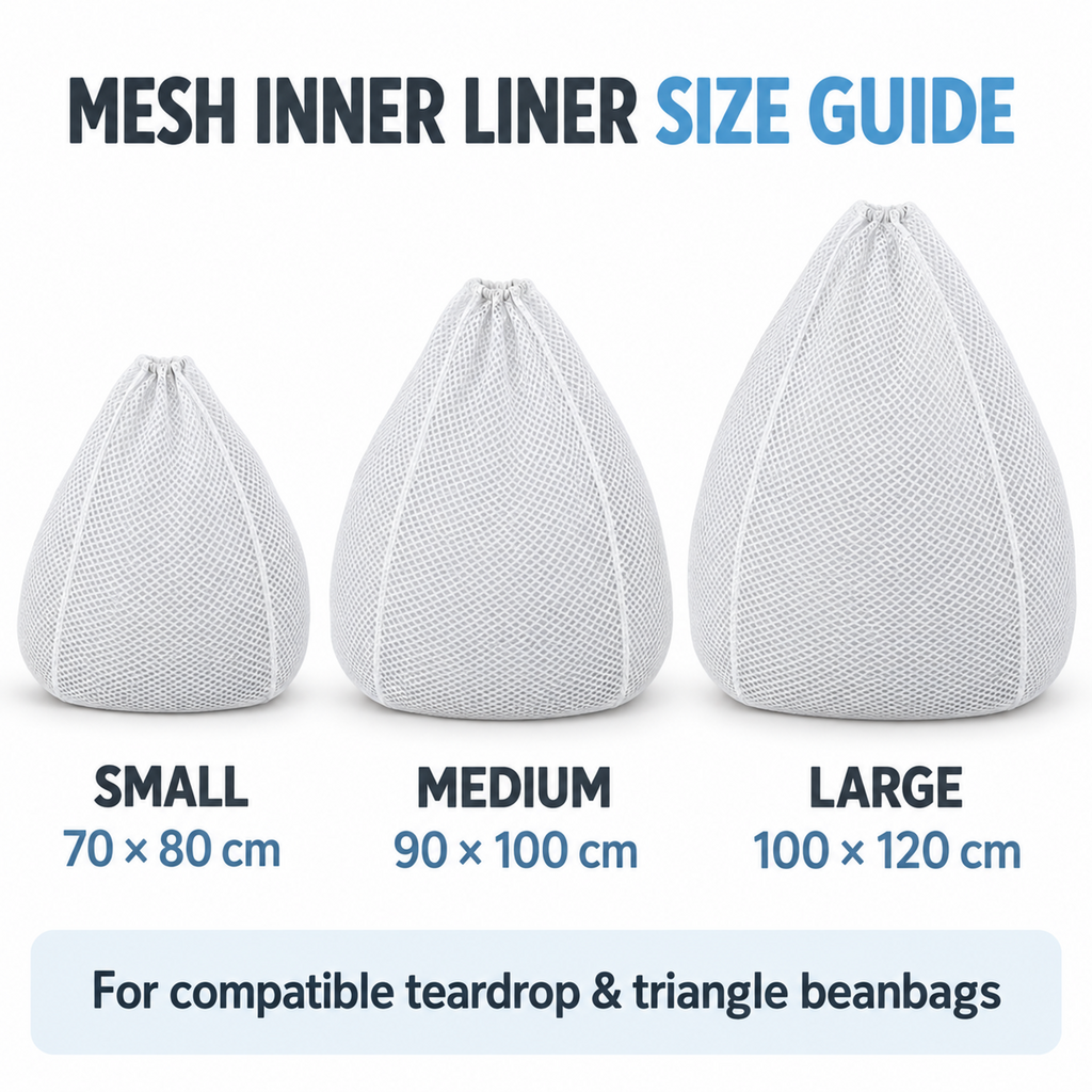 Mesh inner liner size guide showing small 70 × 80 cm, medium 90 × 100 cm and large 100 × 120 cm sizes