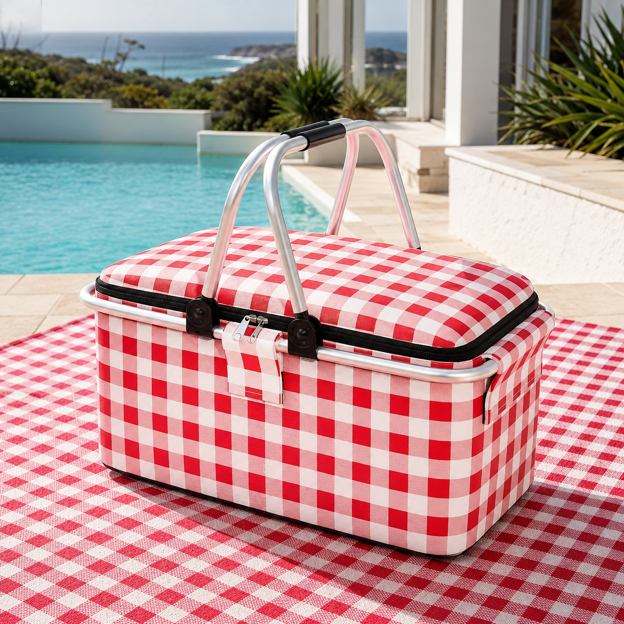 Beach Brights large insulated picnic cooler in red and white check with aluminium carry handles