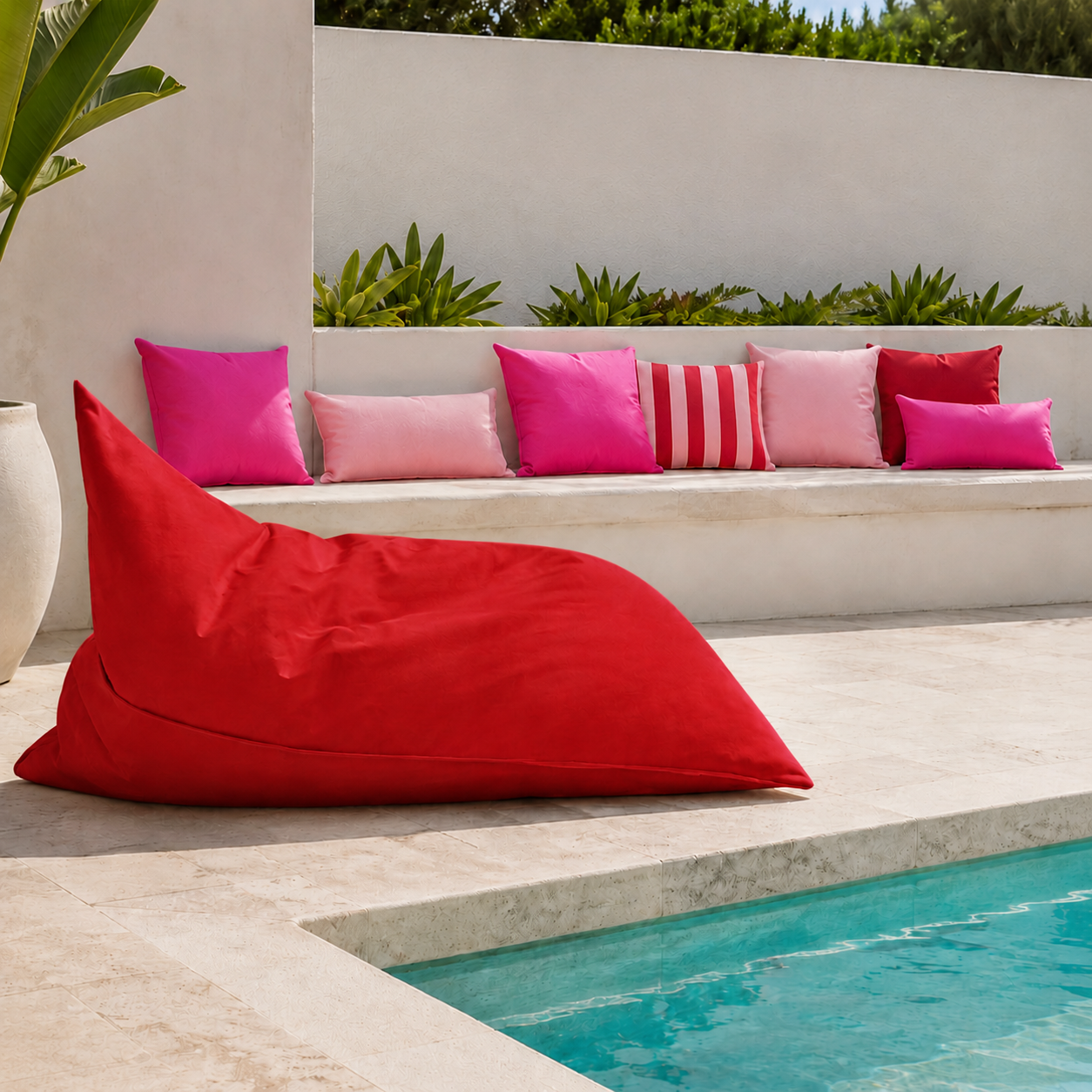 Red Beach Brights reclining bean bag lounger styled poolside in a bright summer outdoor setting