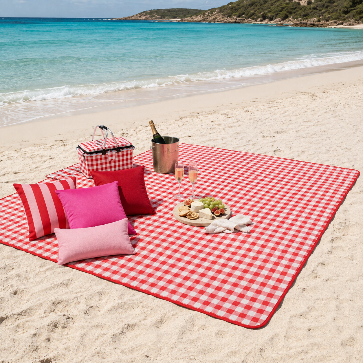 Beach Brights XL red and white check 2m x 2m picnic mat styled on the beach with cushions, picnic cooler and summer picnic setting.
