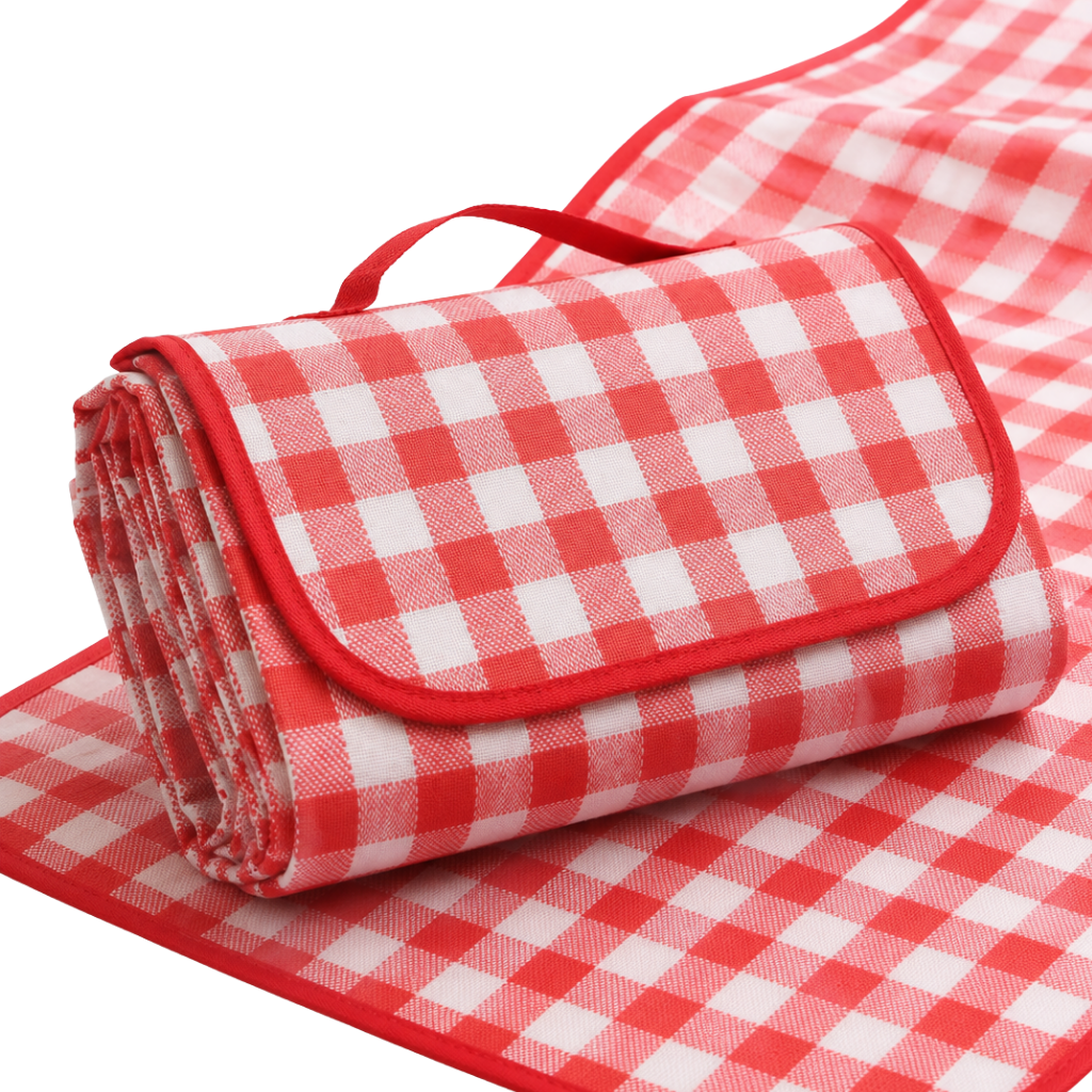 Beach Brights XL red and white check 2m x 2m picnic mat shown folded with carry handle and opened mat behind.