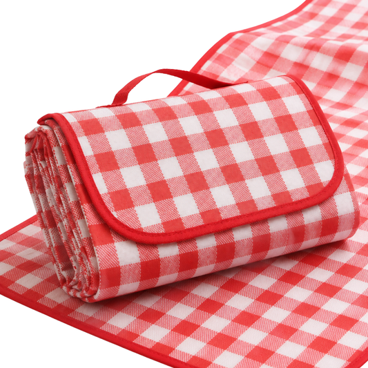 Beach Brights XL red and white check 2m x 2m picnic mat shown folded with carry handle and opened mat behind.