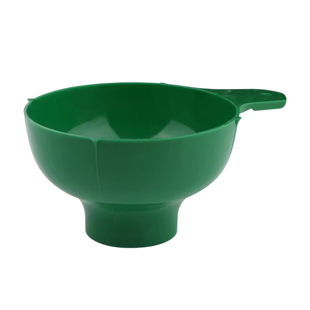 Green Plastic beanbag filling funnel designed to prevent bead spills during refilling