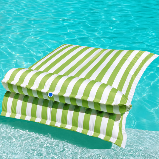 White and light green striped Big Bertha Premium Double floating beanbag lounger cover in a swimming pool, 140 x 180 cm
