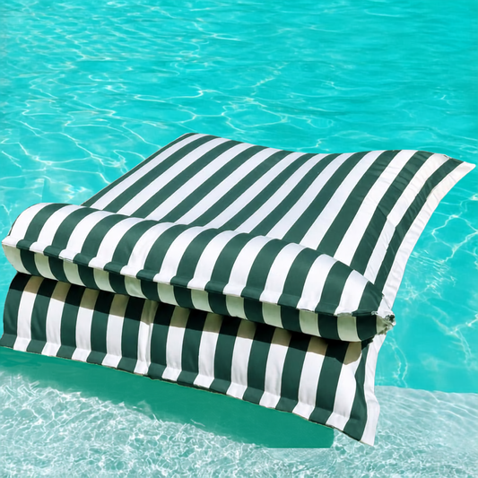 White and dark green striped Big Bertha Premium Double floating beanbag lounger cover in a swimming pool, 140 x 180 cm.