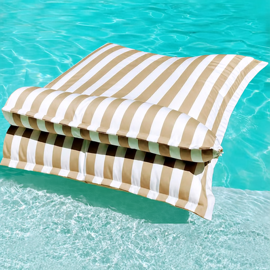 White and khaki striped Big Bertha Premium Double floating beanbag lounger cover in a swimming pool, 140 x 180 cm.