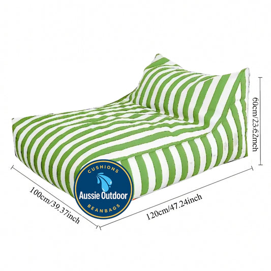 Big Chill floating bean bag cover with dimensions – 120cm x 100cm x 60cm in light green and white stripe
