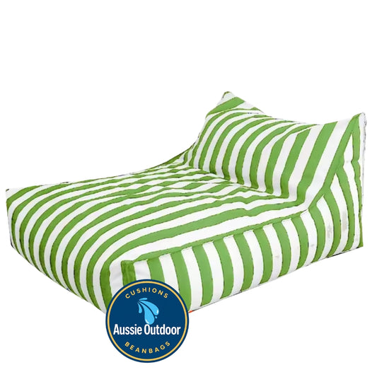 Big Chill waterproof outdoor bean bag cover in white and light green stripe – resort-style floating lounger
