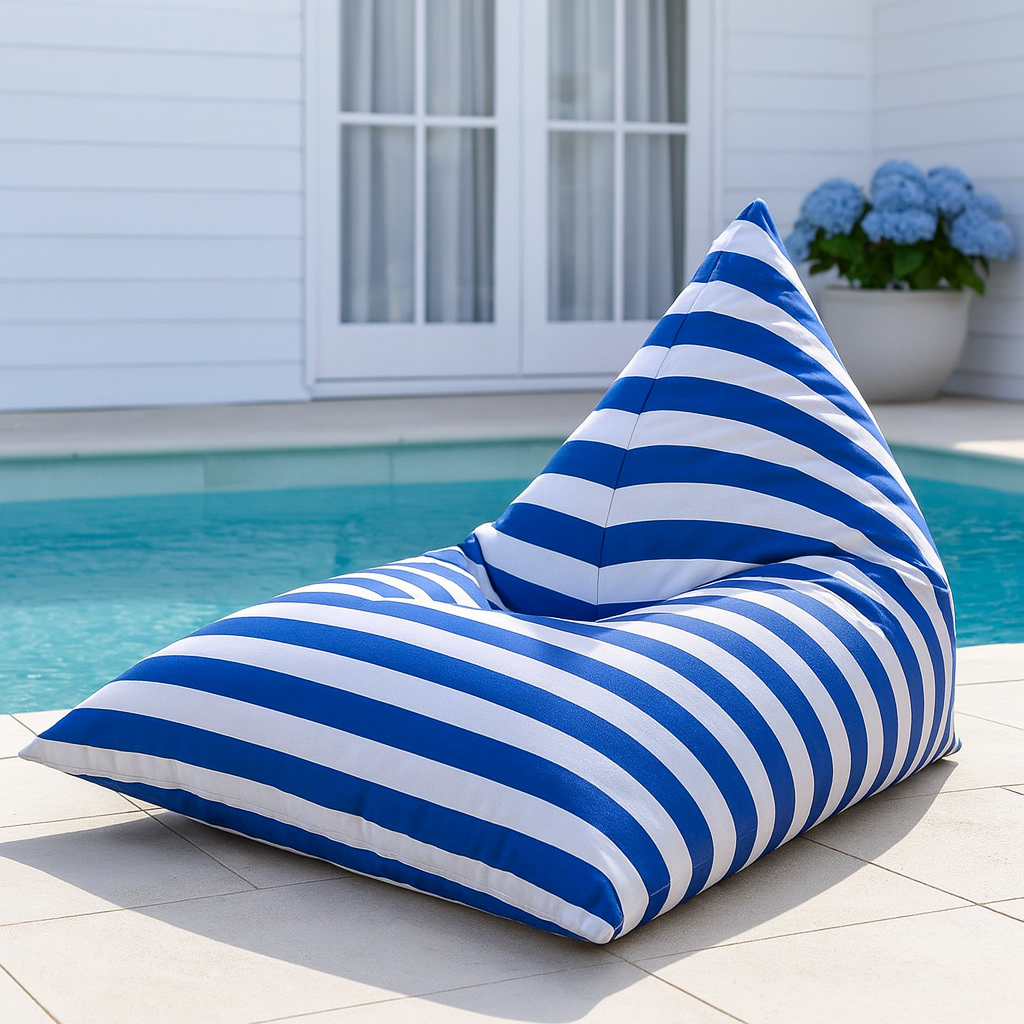 Hamptons waterproof outdoor triangle bean bag cover 90 x 140 blue and white horizontal stripe pool lifestyle setting