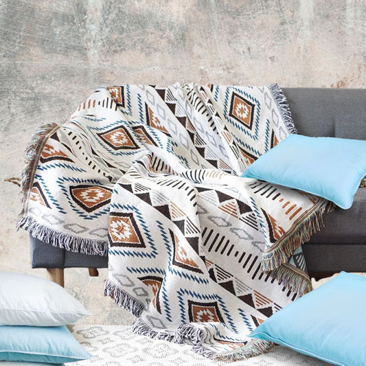 Coastal Picnic Rug in the Desert Diamond pattern, jacquard-woven cotton with tassel edging,  for outdoor or indoor use.
