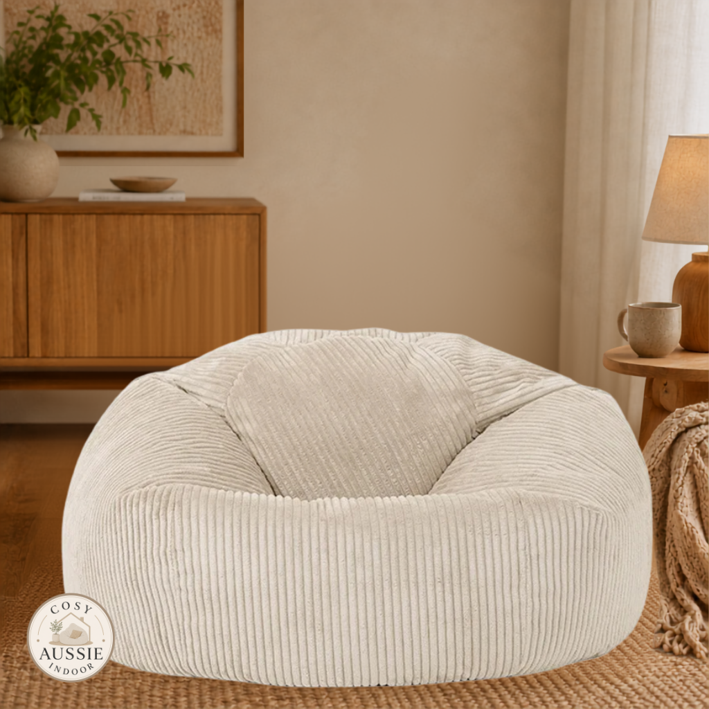 Cosy Cloud Corduroy Indoor Beanbag Cover Beige in a cosy indoor lounge room with soft ribbed corduroy fabric
