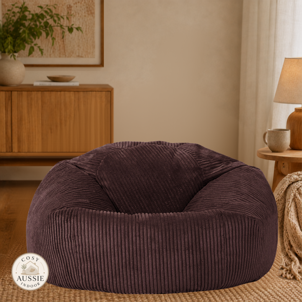 Cosy Cloud Corduroy Indoor Beanbag Cover Coffee in a cosy indoor lounge room with soft ribbed corduroy fabric