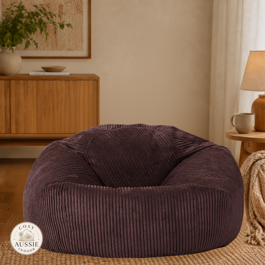 Cosy Cloud Corduroy Indoor Beanbag Cover Coffee in a cosy indoor lounge room with soft ribbed corduroy fabric