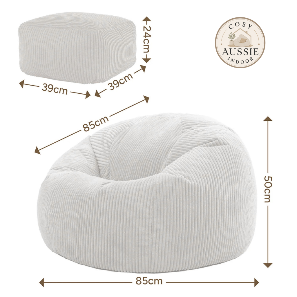 Cosy Cloud Corduroy Indoor Beanbag Cover dimensions showing neutral colour beanbag cover 85cm x 85cm x 50cm and footstool cover 39cm x 39cm x 24cm

