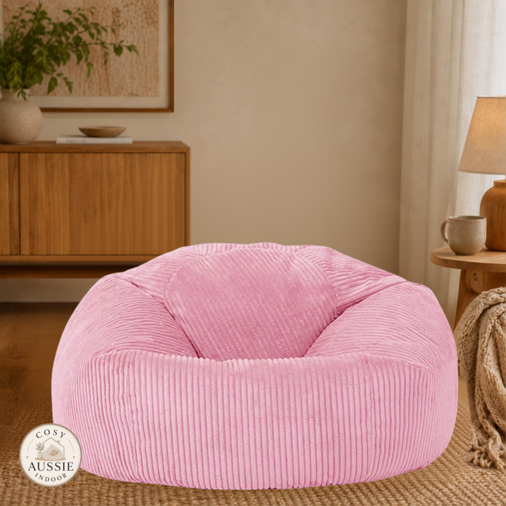 Cosy Cloud Corduroy Indoor Beanbag Cover Pink in a cosy indoor lounge room with soft ribbed corduroy fabric