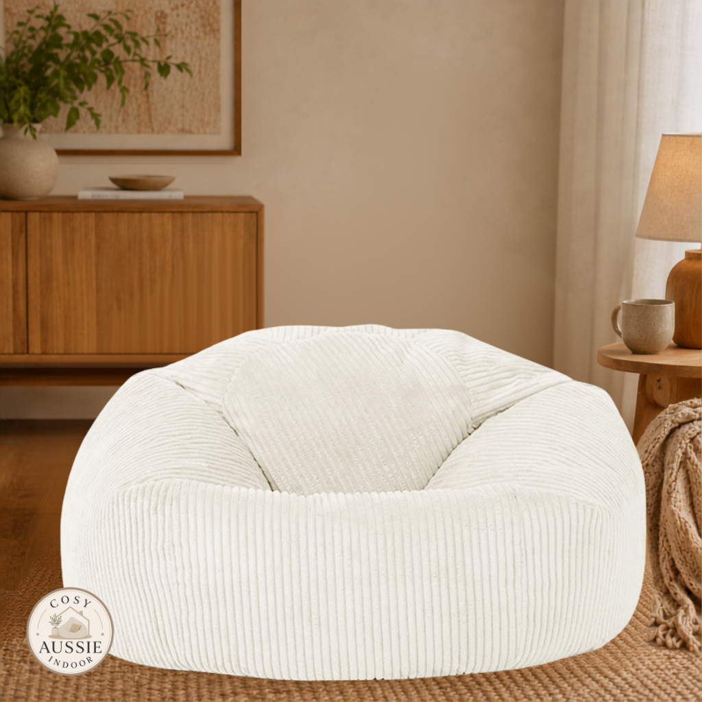 Cosy Cloud Corduroy Indoor Beanbag Cover Vanilla in a cosy indoor lounge room with soft ribbed corduroy fabric