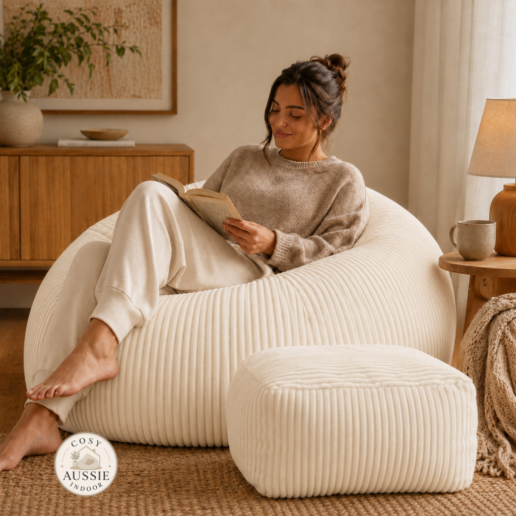 Cosy Cloud Corduroy Indoor Beanbag Cover and Footstool Cover Vanilla in a cosy indoor living room with soft ribbed corduroy fabric