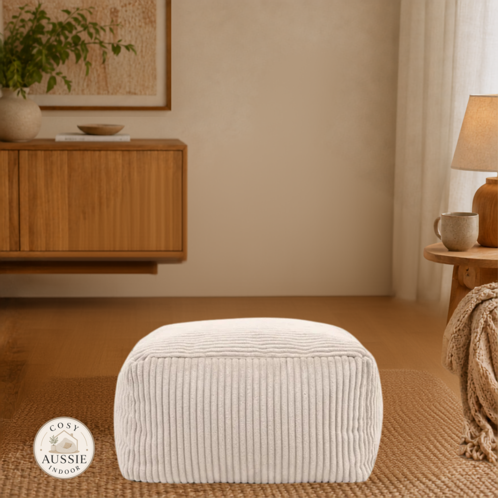 Cosy Cloud Corduroy Indoor Footstool Cover Beige in a cosy indoor living room with soft ribbed corduroy fabric