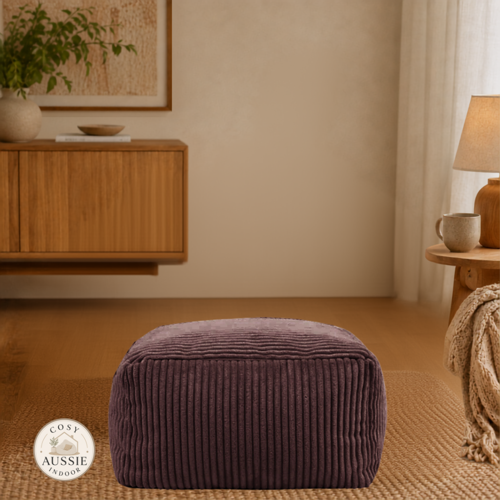 Cosy Cloud Corduroy Indoor Footstool Cover Coffee in a cosy indoor living room with soft ribbed corduroy fabric