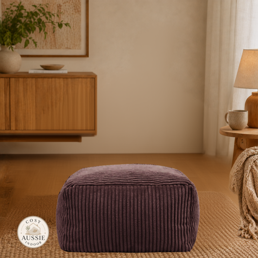Cosy Cloud Corduroy Indoor Footstool Cover Coffee in a cosy indoor living room with soft ribbed corduroy fabric