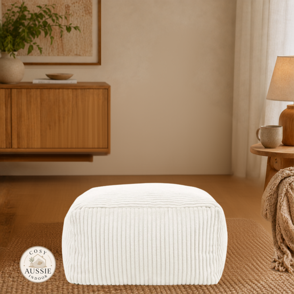 Cosy Cloud Corduroy Indoor Footstool Cover Vanilla in a cosy indoor living room with soft ribbed corduroy fabric