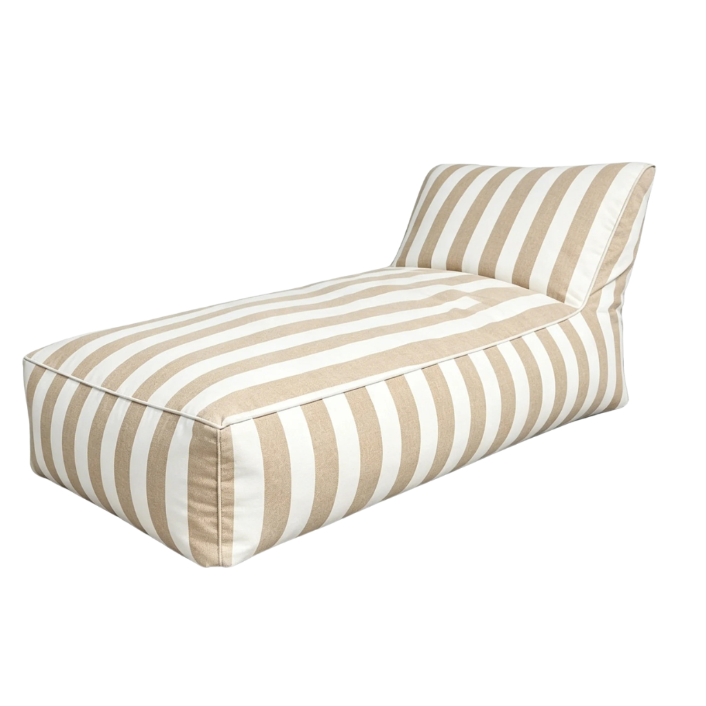 Khaki and white striped Hamptons outdoor chaise bean bag cover