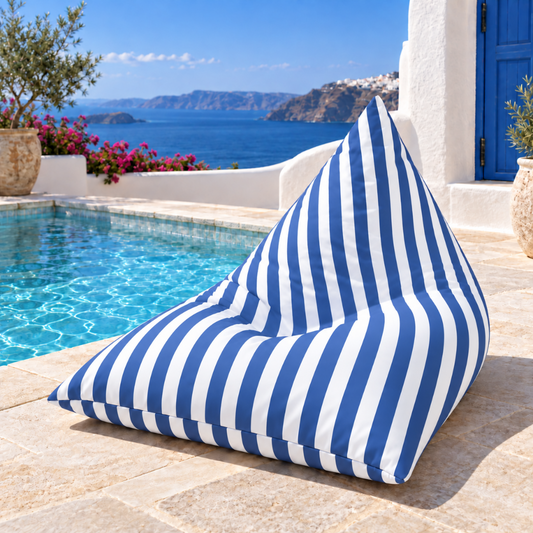 Hamptons Outdoor Beanbag Cover 100x140 in blue and white vertical stripe displayed poolside
