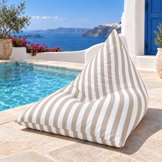 Hamptons Outdoor Beanbag Cover 100x140 in khaki and white vertical stripe displayed poolside

