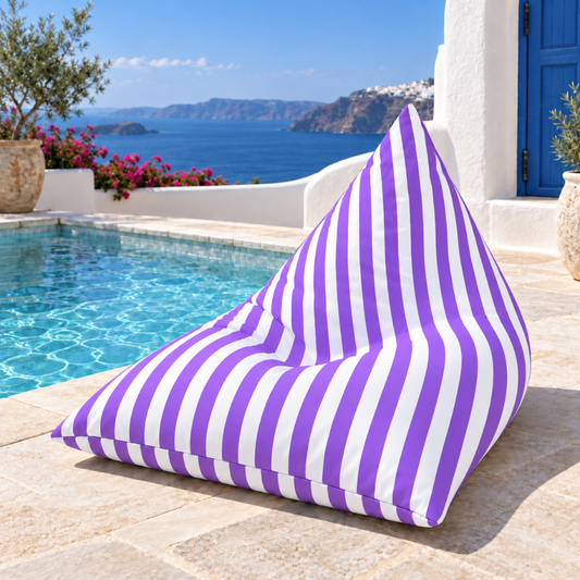 Hamptons Outdoor Beanbag Cover 100x140 in purple and white vertical stripe displayed poolside
