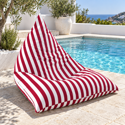 Hamptons Outdoor Beanbag Cover 100x140 in red and white vertical stripe displayed poolside
