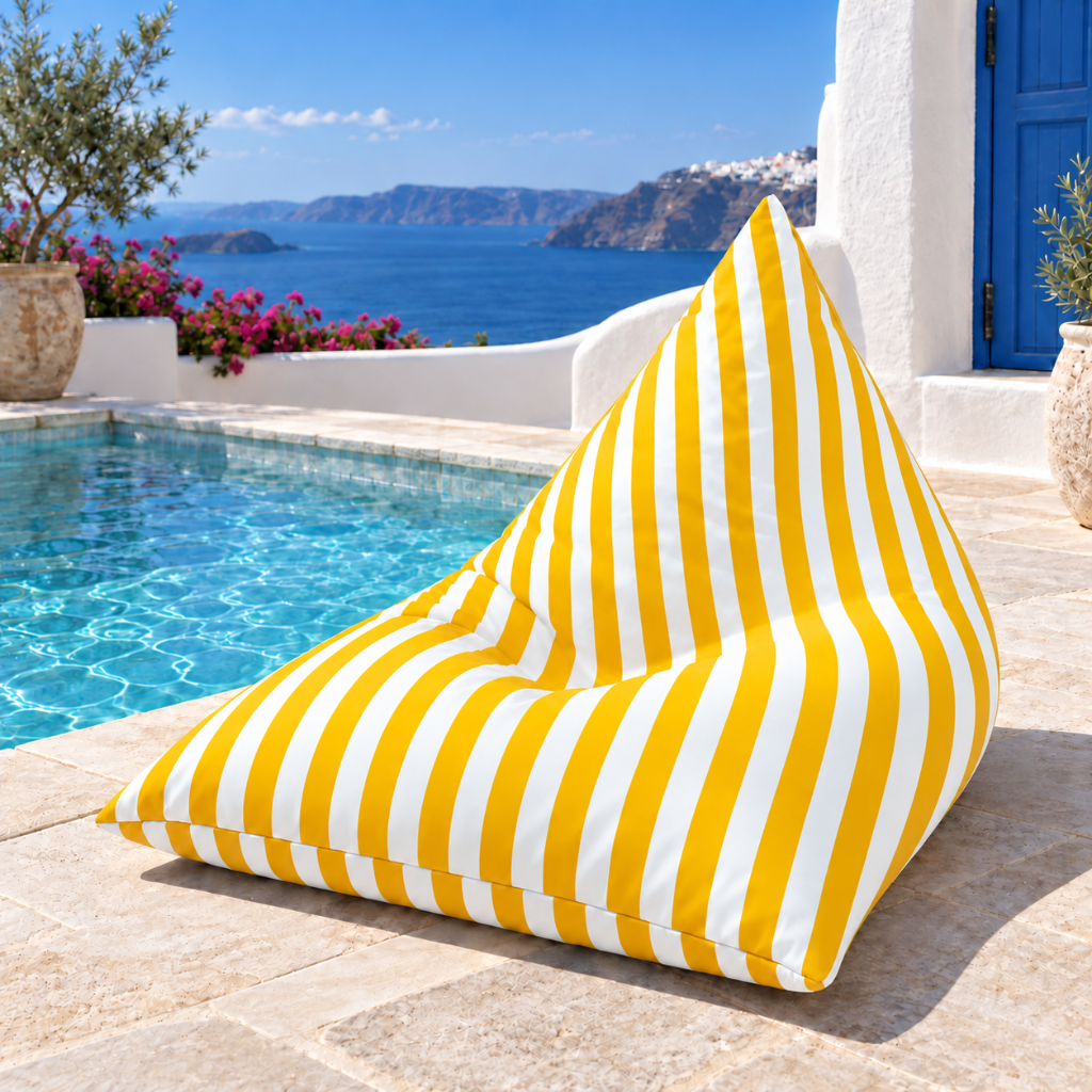 Hamptons Outdoor Beanbag Cover 100x140 in yellow and white vertical stripe displayed poolside
