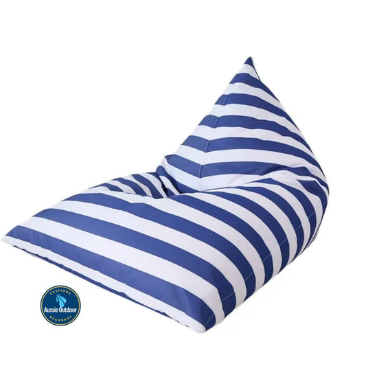 Hamptons large waterproof outdoor triangle bean bag cover 110 x 140 blue and white horizontal stripe 
