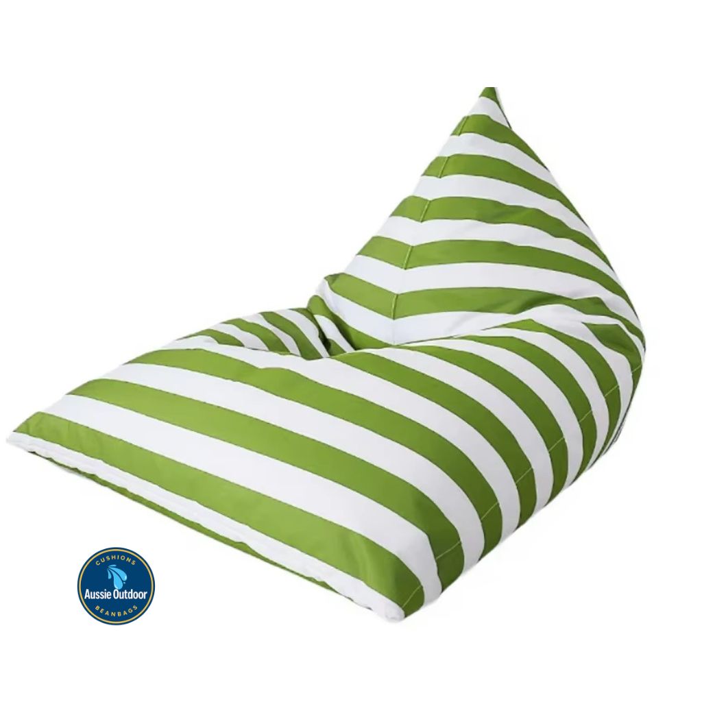 Hamptons large waterproof outdoor triangle bean bag cover 110 x 140 light green and white horizontal stripe

