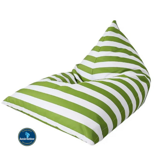 Hamptons large waterproof outdoor triangle bean bag cover 110 x 140 light green and white horizontal stripe

