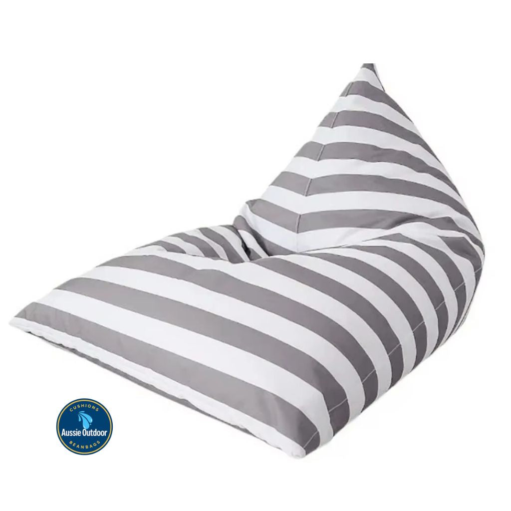 Hamptons large waterproof outdoor triangle bean bag cover 110 x 140 light grey and white horizontal stripe
