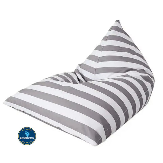 Hamptons large waterproof outdoor triangle bean bag cover 110 x 140 light grey and white horizontal stripe
