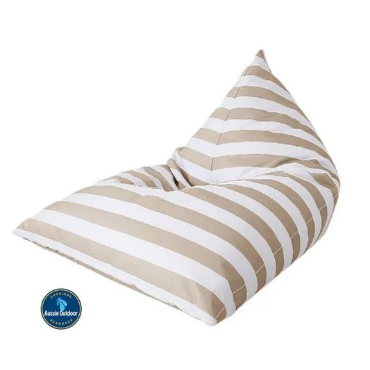 Hamptons large waterproof outdoor triangle bean bag cover 110 x 140 light khaki and white horizontal stripe 
