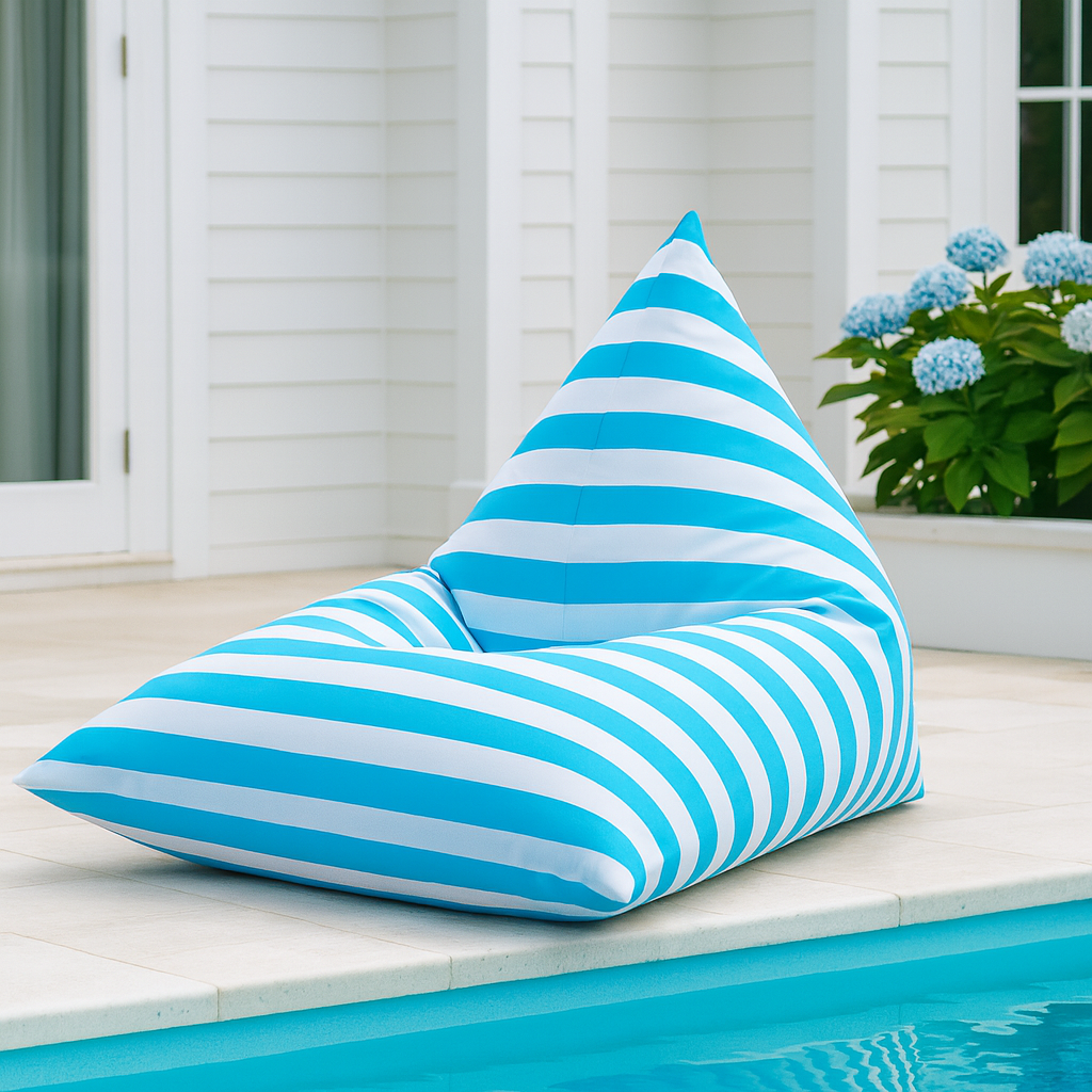 Hamptons large waterproof outdoor triangle bean bag cover 110 x 140 sky blue and white horizontal stripe pool lifestyle setting
