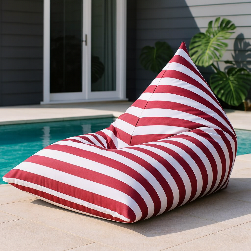 Hamptons waterproof outdoor triangle bean bag cover 90 x 140 red and white horizontal stripe pool lifestyle setting
