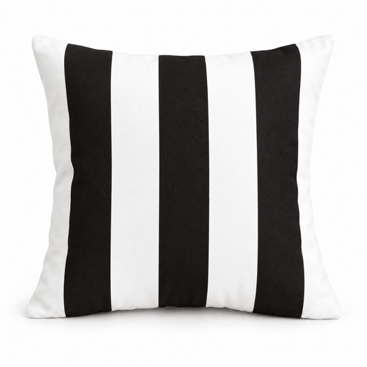 Hamptons black and white striped weatherproof outdoor cushion cover, 45 x 45 cm, shown on a white background.