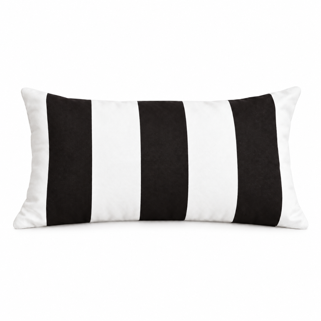 Hamptons black and white striped weatherproof outdoor cushion cover, 30 x 50 cm, shown on a white background.