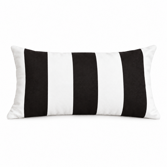 Hamptons black and white striped weatherproof outdoor cushion cover, 30 x 50 cm, shown on a white background.