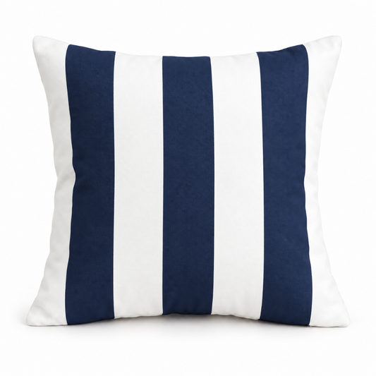 Hamptons navy and white striped weatherproof outdoor cushion cover, 45 x 45 cm, shown on a white background.