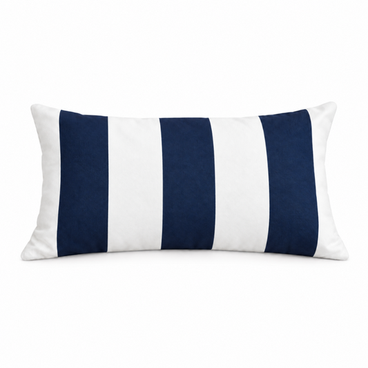 Hamptons navy and white striped weatherproof outdoor cushion cover, 30 x 50 cm, shown on a white background.