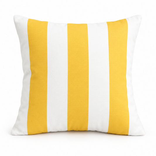 Hamptons yellow and white striped weatherproof outdoor cushion cover, 45 x 45 cm, shown on a white background.