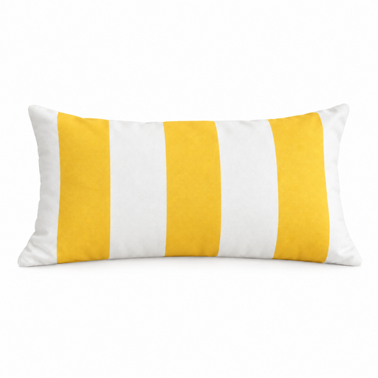 Hamptons yellow and white striped weatherproof outdoor cushion cover, 30 x 50 cm, shown on a white background.