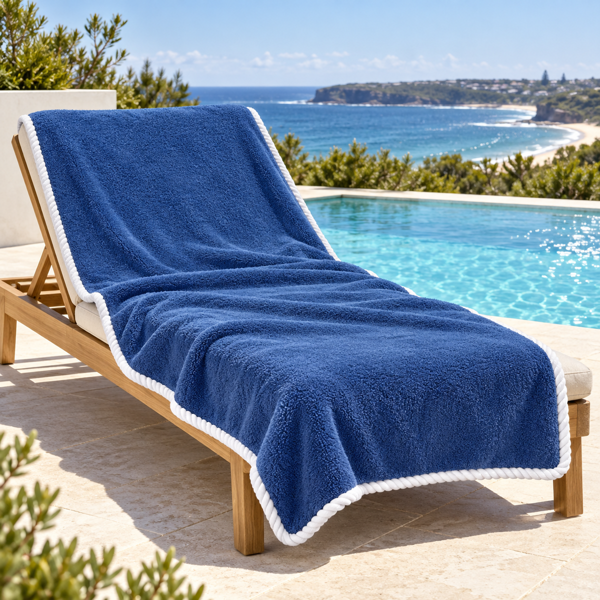 Noosa extra large blue towel with white piped edging draped over a timber poolside lounger overlooking an Australian coastal bay.