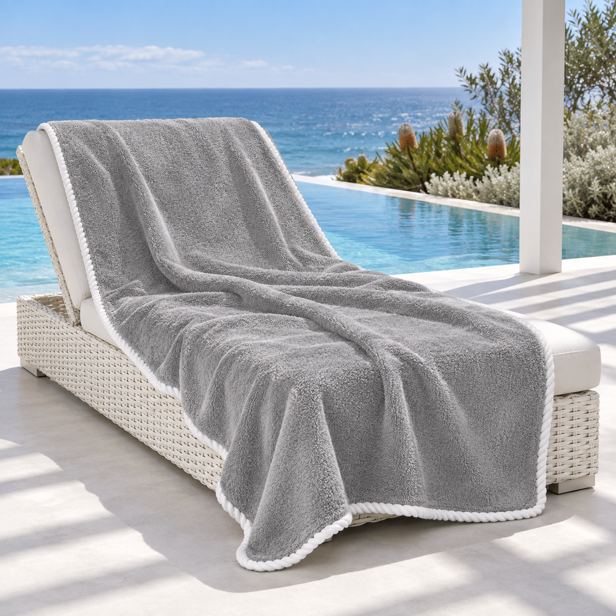 Noosa extra large grey towel with white piped edging draped over a white lounger beside an Australian coastal infinity pool.