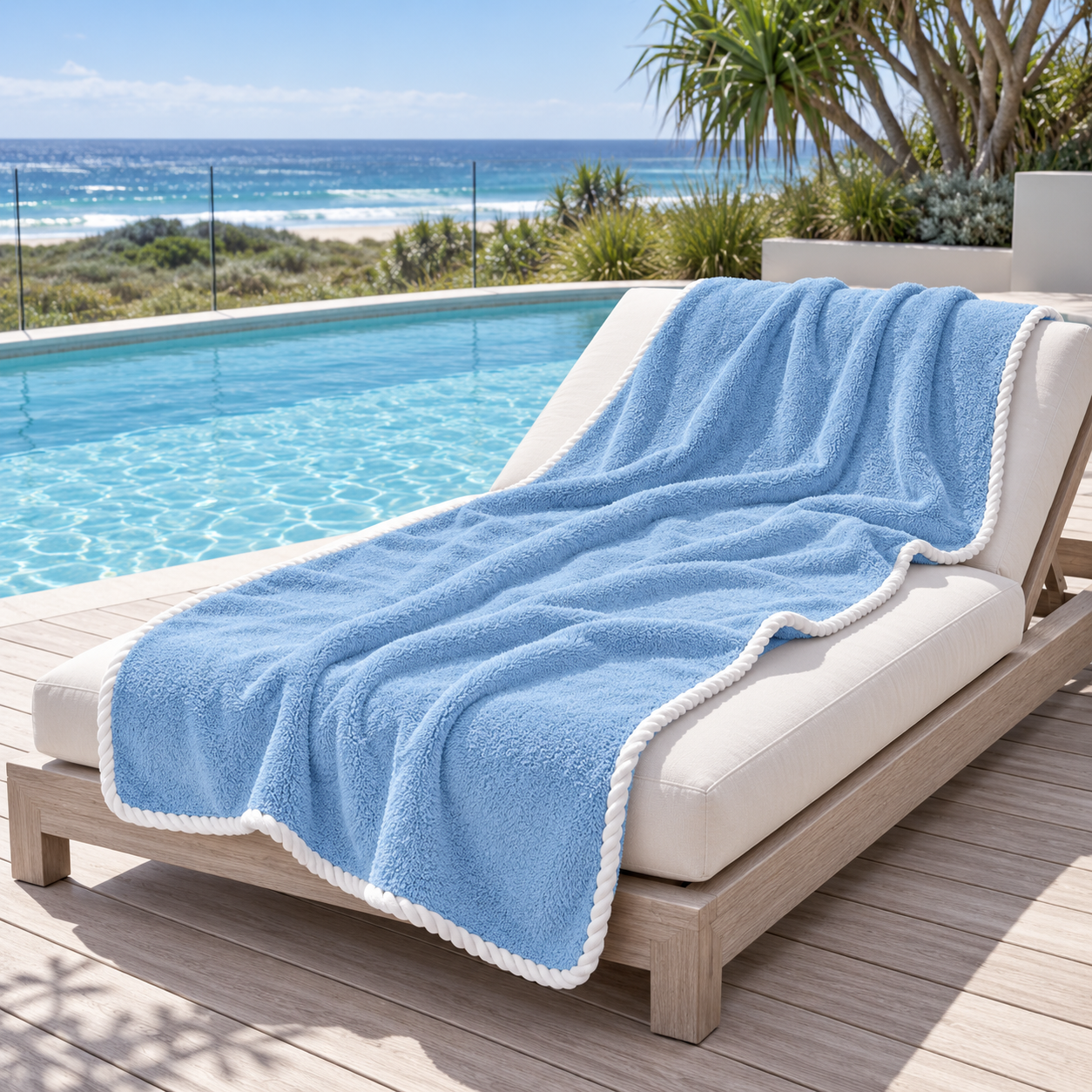 Noosa extra large light blue towel with white piped edging draped over a timber poolside lounger overlooking an Australian coastal beach bay.