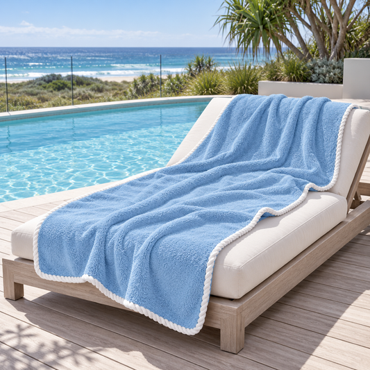 Noosa extra large light blue towel with white piped edging draped over a timber poolside lounger overlooking an Australian coastal beach bay.